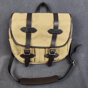 Filson Medium Rugged Twill Field Bag Tan Canvas Leather Satchel Made USA